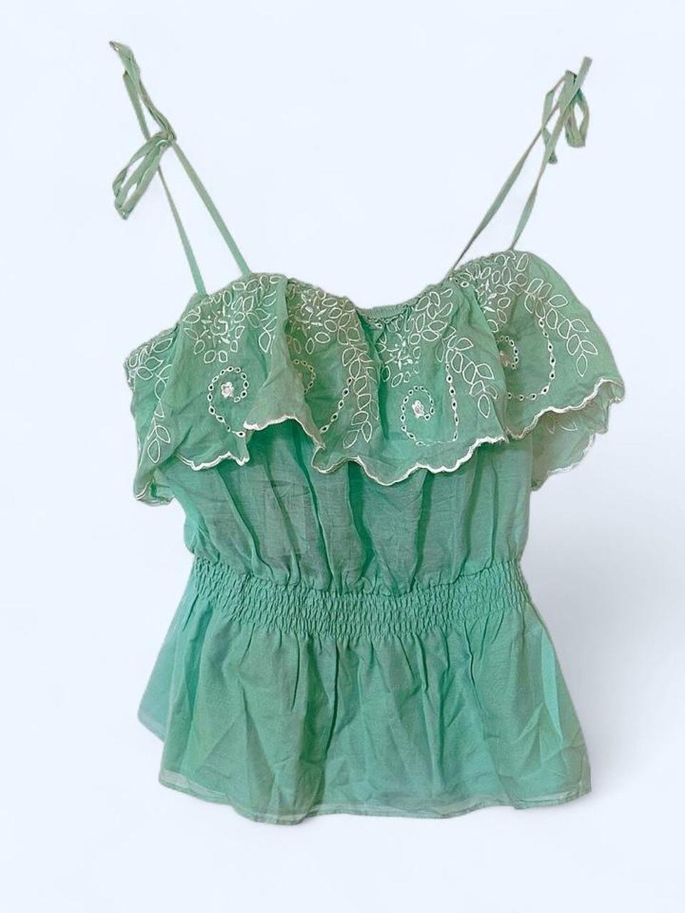 GUESS Green Embroidered Ruffle Tie-Strap Camisole